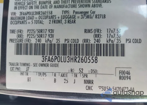 2017 Ford Fusion Hybrid Se z USA, uszkodzony, nr VIN 3FA6P0LU3HR260558